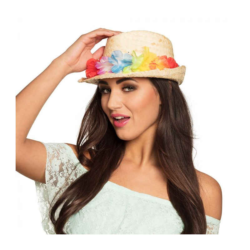 Chapeau de paille naturelle avec fleurs, taille adulte