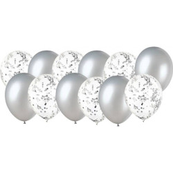 12 ballons argent/transp. confettis argent