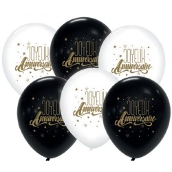 6 Ballons Joyeux Anniversaire Blanc / Noir - 30 cm