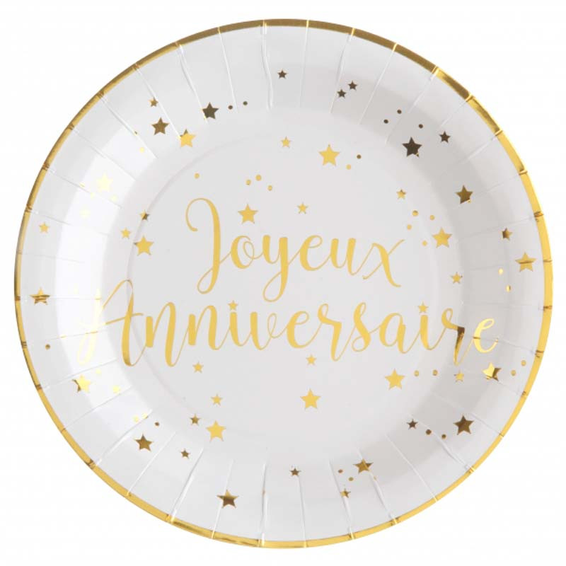 10 Assiettes Joyeux Anniversaire blanc et or