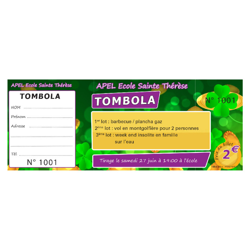 1000 Billets de tombola trèfle personnalisés